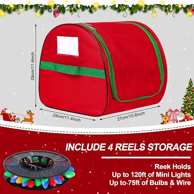 Christmas Light Storage Bag - Tear Proof 600D Oxford Fabric/Internal PVC Material with Reinforced Handles - With 4 Reels Stores up to 500 Ft Holiday Mini Christmas Tree Lights & Extension Cords,Red