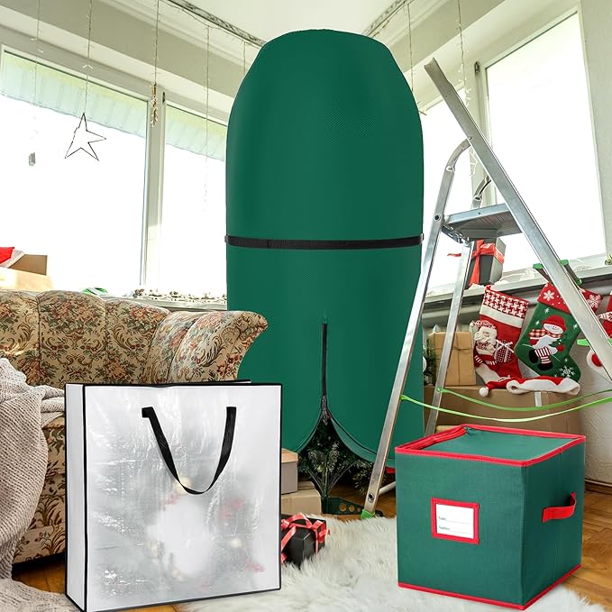 SATINIOR 6 Pcs Upright Christmas Tree Storage Bag Set 5 Ft Christmas Tree Storage Bag 26" Xmas Wreath Containers 11.8" Ornament Bags with Dividers Hold 64 Balls for Artificial Trees Garland(Green)