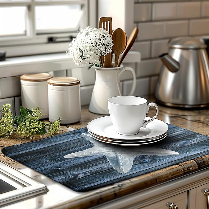 Wnoesat Summer Starfish Dish Drying Mat for Kitchen Counter Navy Blue Microfiber Absorbent Dish Drainer Rack Mats Coastal Ocean Themed Kitchen Sink Dishes Pad 18 X 24 Inch