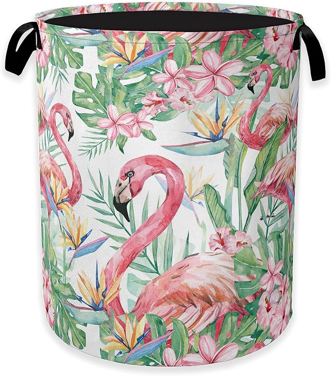 Watercolor Flamingo Laundry Hamper,Tropical Flower Leaves Clothes Hamper for Laundry,Waterproof Oxford Toy Storage Collapsible Hampers for Bedroom, Dorm Room,Bathroom,16x20 Inch