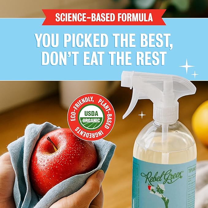 Rebel Green Fruit & Veggie Clean - Plant-Based Produce Cleaner - Natural Fruit & Vegetable Wash with No Aftertaste - Dirt & Wax Removal - 16 Fluid Ounces Bottle & 64 Fluid Ounces Bottle