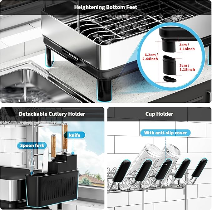 Ewaiira Dish Drying Rack, 2 Tier Large Dish Rack, Stainless Steel Dish Drainer for Kitchen Counter, Dishes Rack with Automatic Drainage, Utensil Holder,Cups Holder,Space Saving Kitchen Organizer,Black