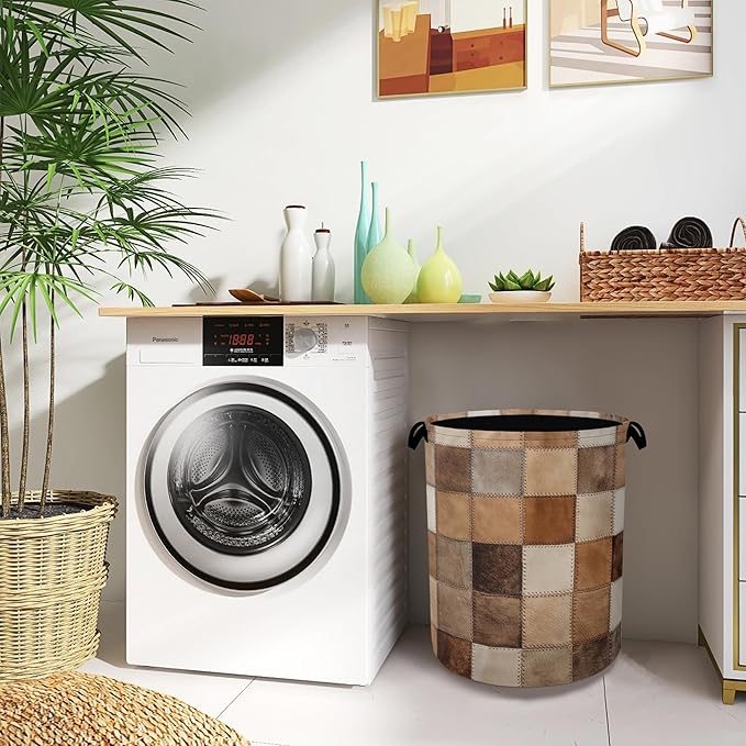 Vintage Cowhide Laundry Basket,Oxford Cloth Laundry Hamper with Handle Foldable Portable Clothes Storage Basket for Bathroom Bedroom Dorm Room 16" x 20.8"