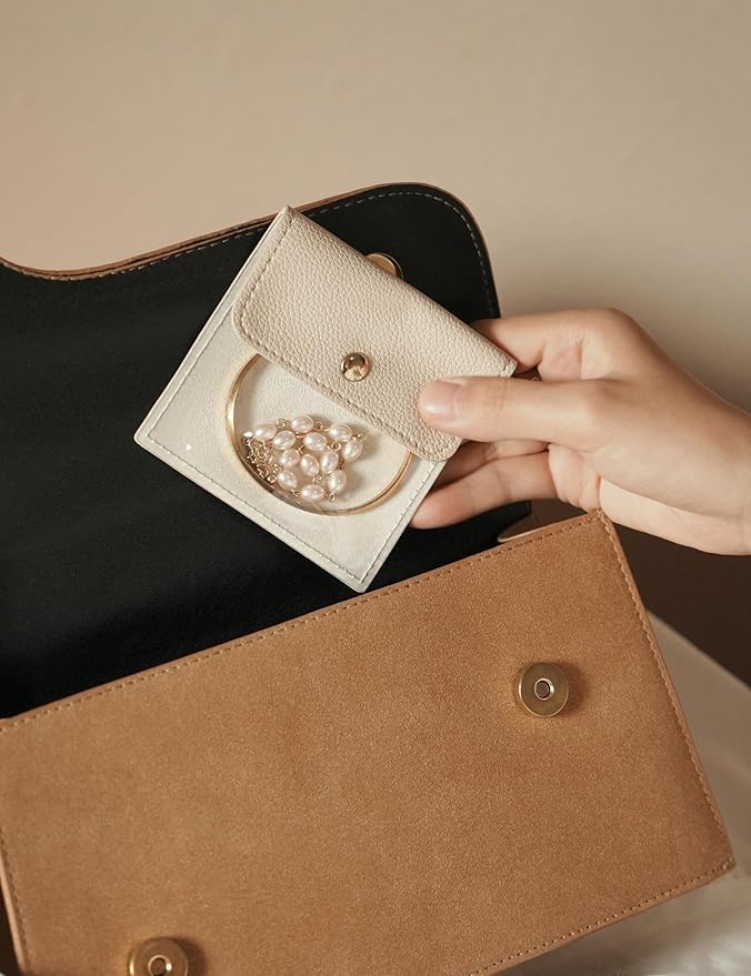 Popvibe 6 Pcs Jewelry Bags Clear Mini Pouch Small Jewelry Pouches for Traveling Leather Portable Travel Jewelry Organizer and Storage Bag for Earrings, Necklace, Beige