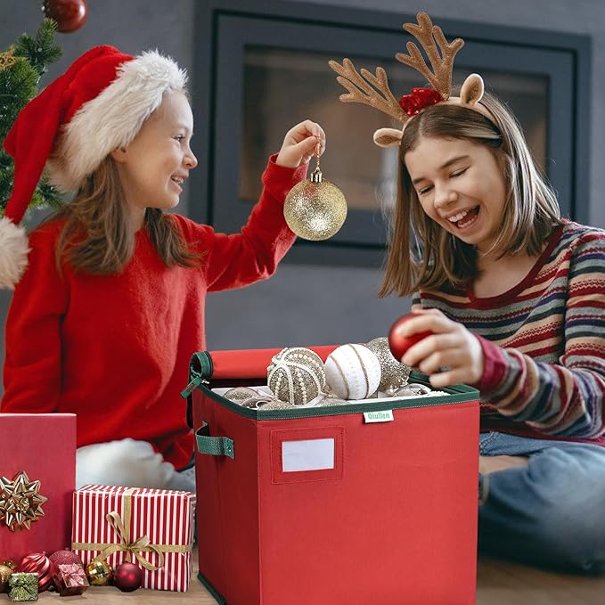 Christmas Ornament Storage Box High Capacity Decoration Organizer Holds Up to 64 Ornaments Decoration Balls Holiday Storage Case with Lid Large Foldable Storage Case for Sundries or Clothes (Red)