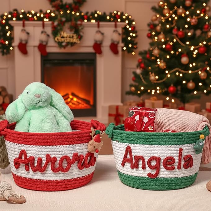 MBBEST Personalized Christmas Basket – Custom Cotton Rope Holiday Gift Basket with Name – Festive Storage Organizer for Presents, Toys, Blankets & Holiday Décor – 3 Sizes
