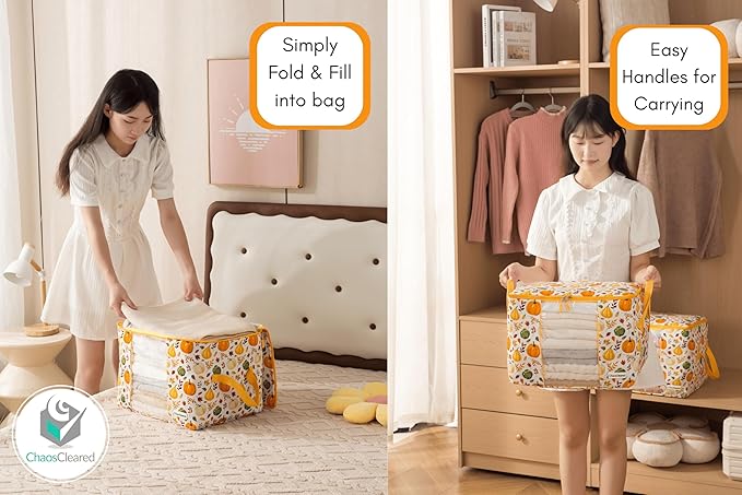 Canvas Storage Bags Designer Organizer 2 Pack – Seasonal Storage for Sweaters, Blankets, Linens & Garments – Foldable Design with Zip & Window, Moth-Proof Space Saver, Pumpkin Print