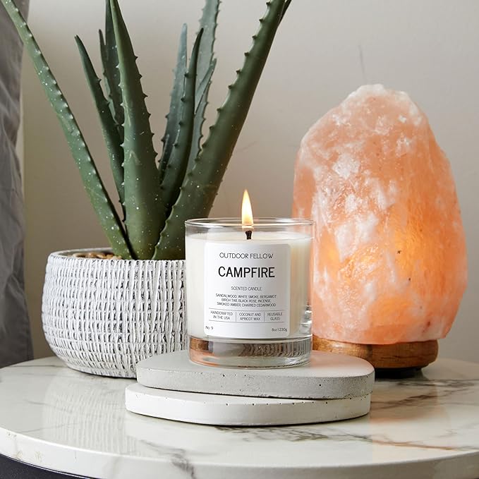 Outdoor Fellow Campfire Scented Candle, 8oz, Coconut & Apricot Wax Blend, Sandalwood, Smoked Amber, Charred Cedarwood, Reusable Glass, 40-50 Hour Burn Time