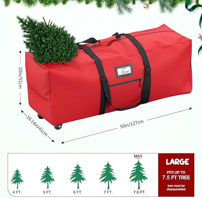 Mrrihand Christmas Tree Storage Bag, Large Artificial Anti-Tear Heavy-Duty 600D Oxford Cloth Xmax Christmas Tree Storage Box with Rolling Wheels, Christmas Tree Storage Container (Red, 7.5Ft)