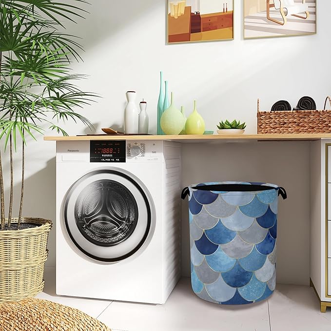 Mermaid Fish Laundry Hamper,Dirty Clothes Laundry Basket with Handles Waterproof Oxford Cloth Storage Basket for College Dorms Bathroom Bedroom 16" x 20.8"