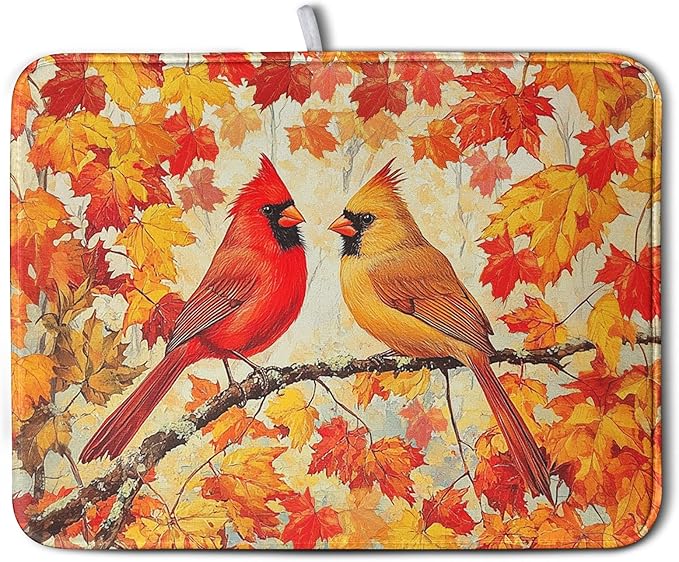 Kwlegh Fall Dish Drying Mats for Kitchen Counter Maple Leaf Cardinal Birds Dish Draining Mat 18x24 Inch Autumn Thanksgiving Dish Rack Mat Microfiber Absorbent Dish Drainer Pad