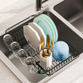 AIDERLY Dish Drying Rack in Sink Expandable Stainless Steel Kitchen Dish Drainer with 4 Cup Holders, Black