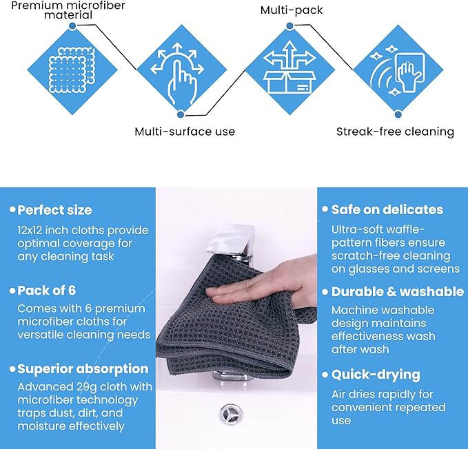 Microfiber Towels for Cars 12 x 12 inches Waffle Weave Microfiber Towel, Barista Towels, Multipurpose Use, Lint Free Cloth For Glass, Dusting & Appliances, 6 Pack Premium Microfiber Cleaning Cloth