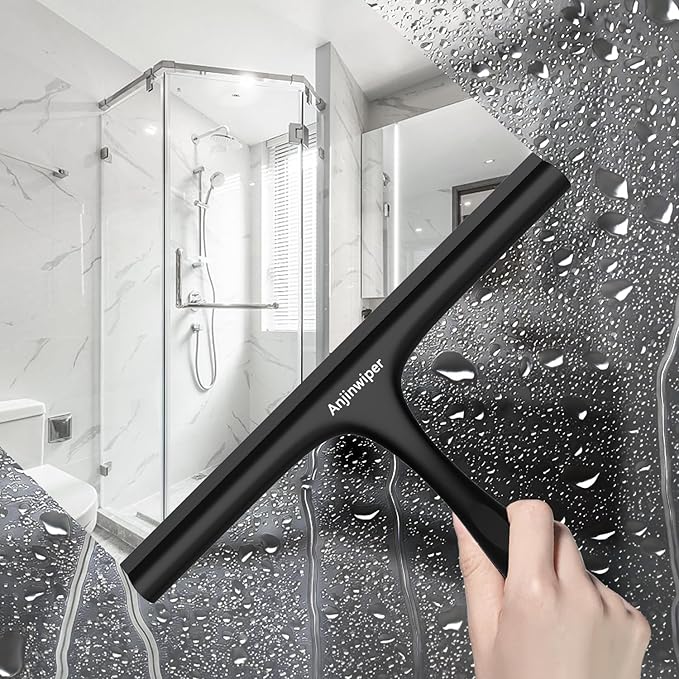 Anjinwiper Shower Squeegee for Glass Doors with Adhesive Hook, Window Squeegee for Shower Glass, Cleaning Tile Wall, Bathroom Cleaner Tool Household Silicone Squeegee(10 inch-Black)