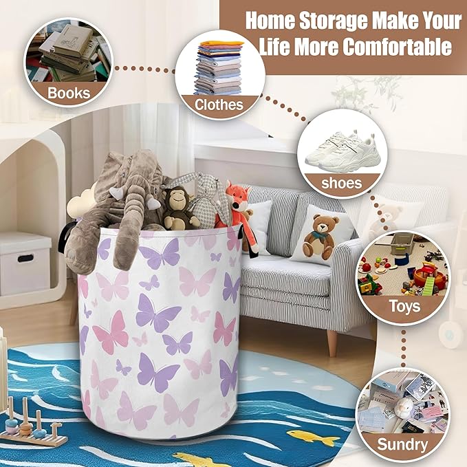 Butterfly Laundry Basket,Waterproof Foldable Pink Purple Butterflies Laundry Hamper,Dirty Clothes Basket, Linen Bin Storage Organizer Collection 16" x 20.8"