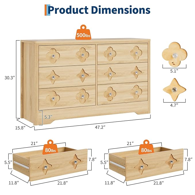 Garvee Dresser for Bedroom with 6 Drawers, 47.2'' Wide Chest of Large Decorative Drawer Front with Large Clothes Storage Cabinet, Wood Bedroom Dresser, TV Stand for Nursery, Living Room, Hallway, Oak