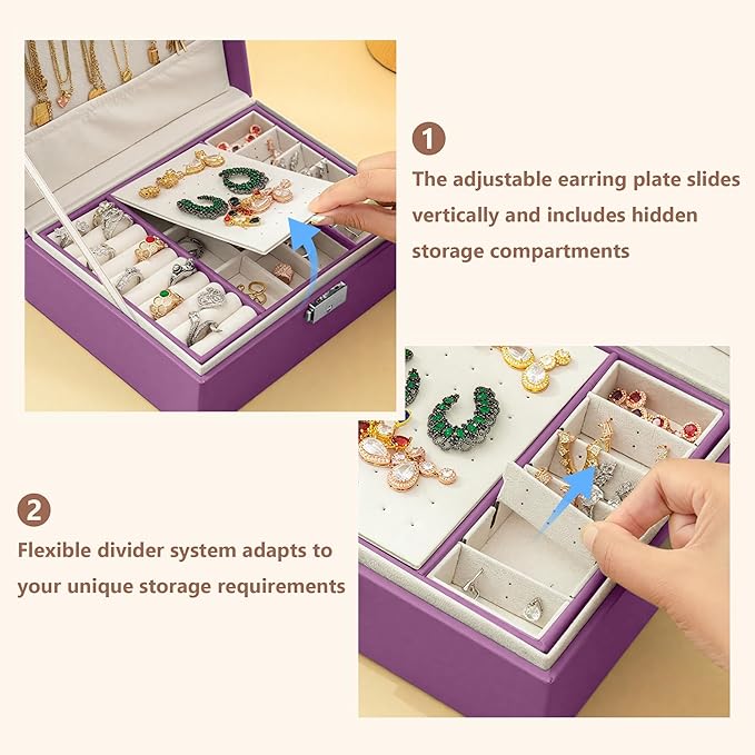 Homeanda Jewelry box 2 layer Jewelry box Leather Jewelry boxes for Women Girls Teens Jewelry organizer box Jewelry Storage box with lock(Purple)