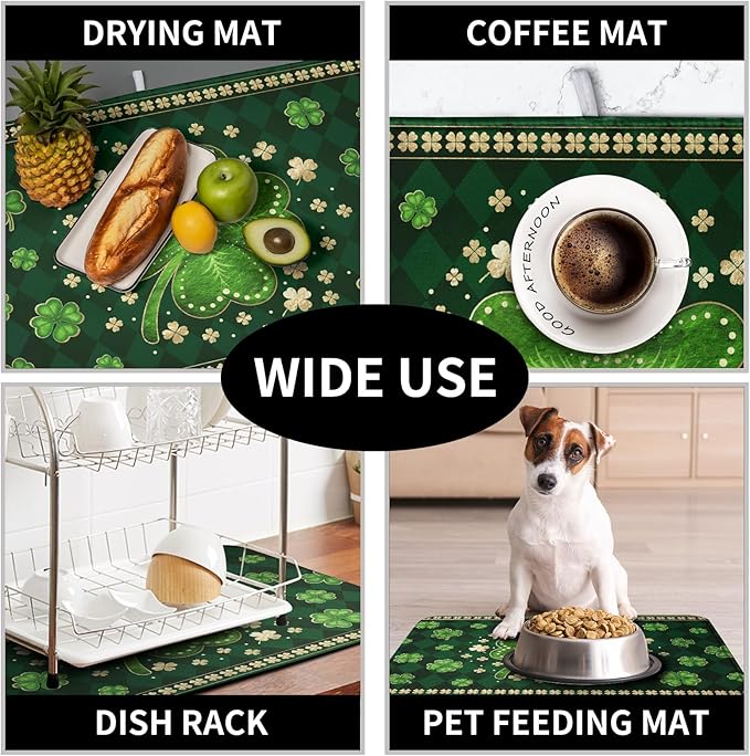 St Patrick's Day Green Shamrock Dish Drying Mat for Kitchen Counter 18x24 Inch Lucky Clover Check Plaid Drying Mat Spring Microfiber Dish Drainer Mat Super Absorbent Dish Rack Pad for Coffee Bar Sink