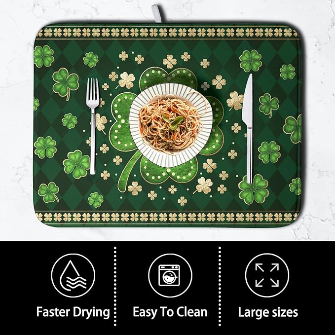 Kwlegh St Patricks Day Drying Mat for Kitchen Counter Shamrock Dish Drying Mats Lucky Clovers Green Plaid Dish Dryer Pad Absorbent Reversible Dish Drainer Rack Mat Kitchen Accessories 16x18 Inch