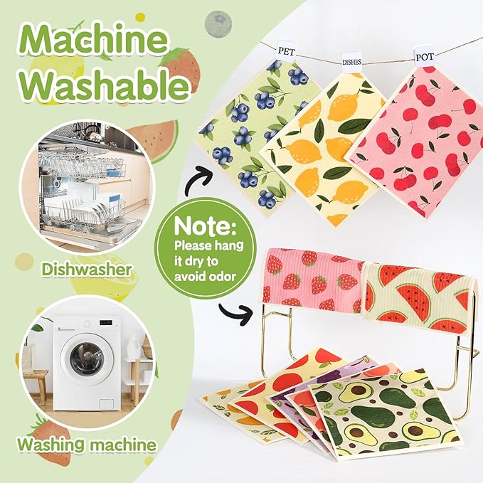 10 Pack Swedish Dishcloths for Kitchen- Reusable Paper Towels Washable Swedish Cloths Fruit Prints Dish Wipes with Adhesive Clips- Super Absorbent Fast Drying Kitchen Sponge for Cleaning Dishes
