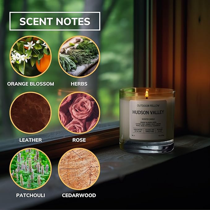 Outdoor Fellow Hudson Valley Scented Candle, 8oz, Coconut & Apricot Wax Blend, Orange Blossom, Jasmine, Patchouli, Reusable Glass, 40-50 Hour Burn Time