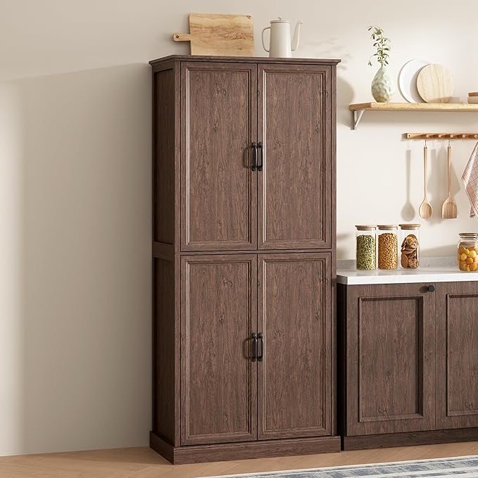 71'' Tall Pantry Cabinet, Farmhouse Kitchen Pantry Storage Cabinet with Barn Door and Adjustable Shelves, Rustic Wood Freestanding Cupboard Storage Organizer for Kitchen, Dining Room, Brown