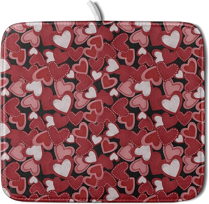 Valentines Day Dish Drying Mat for Kitchen Counter 18x16 Inch Love Drying Mat with Absorbent Reversible Microfiber Black Red Grey Heart Dish Drainer Mats Rack Pad for Coffee Countertop Protector