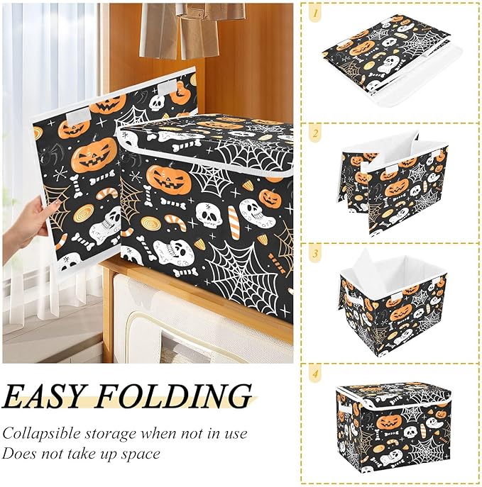 Bolaz Storage Bins with Lids and Handles,Halloween Seamless Pumpkins Spider Web Storage Box Basket with Cover Collapsible Organizer Containers for Home Closet, Shelves