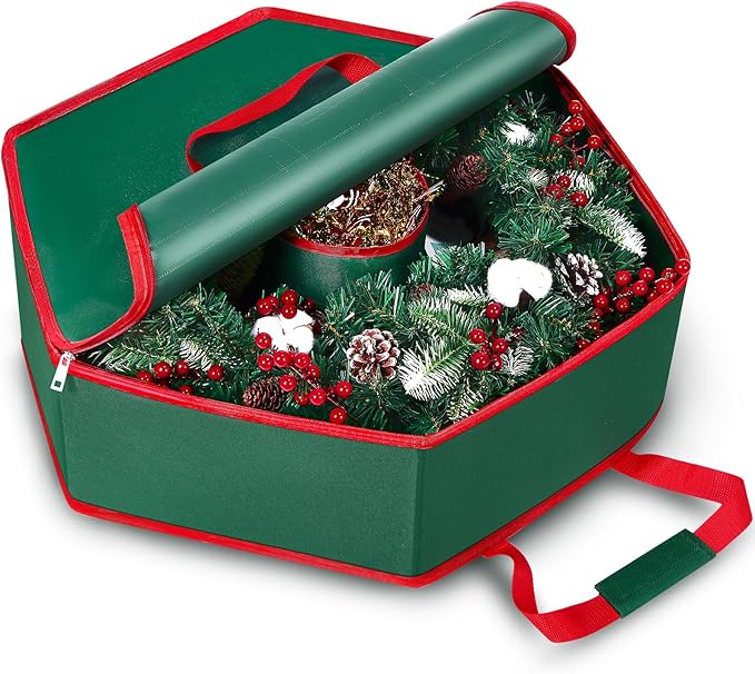 Christmas Wreath Storage Container - 30" Sturdy Hard Shell Christmas Wreath Storage Bag with Interior Pockets, Dual Zipper and Handles, Premium Wreath Storage Organizer Box
