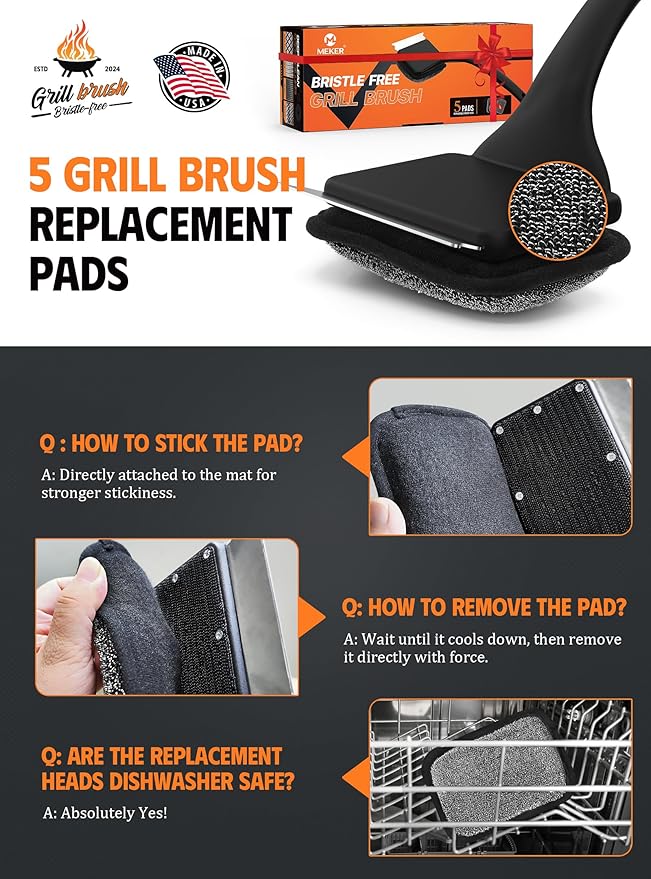 MEKER Grill Brush Bristle Free Replacement Pad, Ultra Safe Cleaning, Grill Cleaner Pad, Grill Brush Replacement Pad, 4 PCS