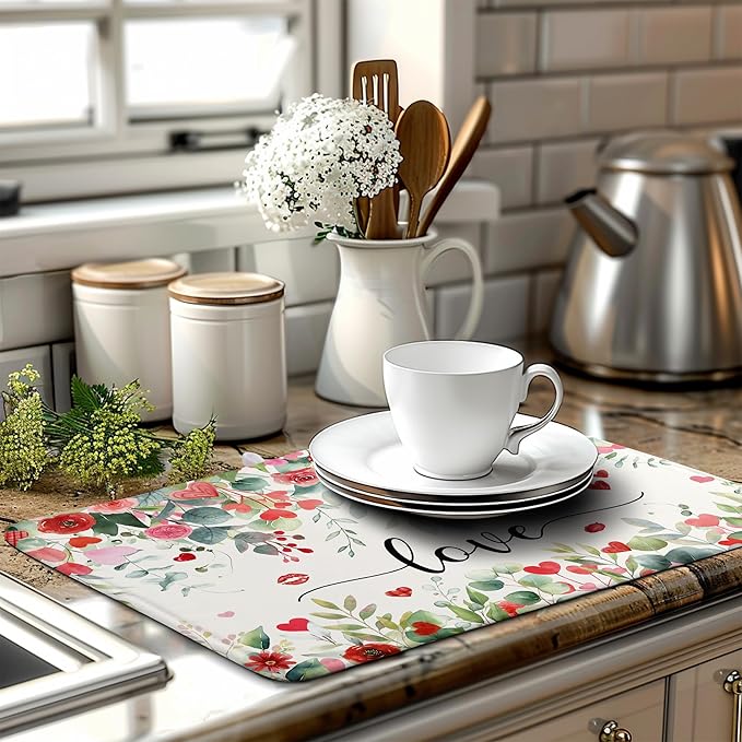 Wnoesat Valentines Day Love Heart Rose Eucalyptus Leaves Dish Drying Mat for Kitchen Counter 18x24 Inch Spring Valentine Microfiber Absorbent Dish Drainer Mats Reversible Drying Pad