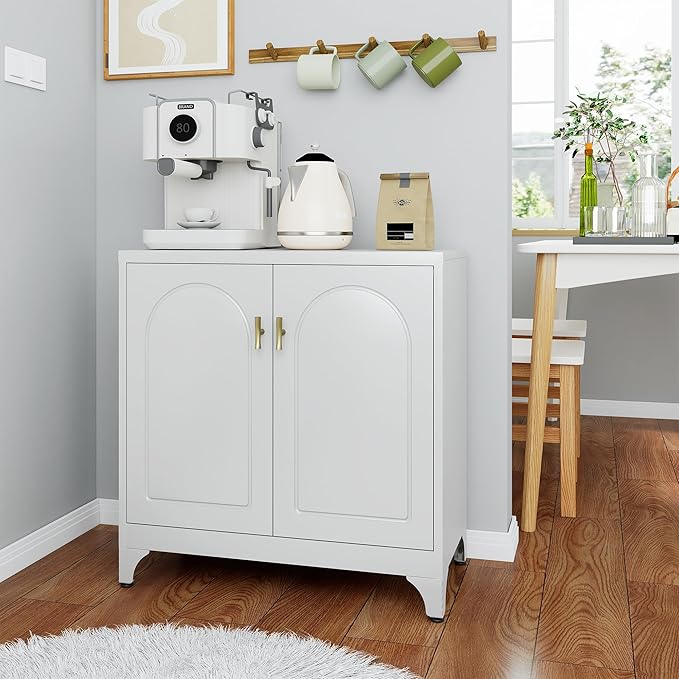 Buffet Cabinet with Storage, 33" H Side Board Storage Cabinet with Doors and Shelves, Metal Sideboard Cabinets for Dining Room, Living Room, White