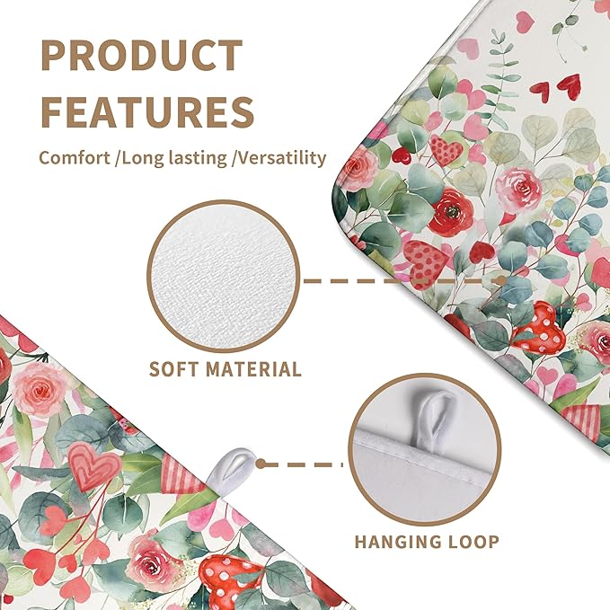 Wnoesat Valentine Dish Drying Mat for Kitchen Counter 18x24 Inch Valentines Love Heart Rose Eucalyptus Leaf Dishes Drying Pad Microfiber Absorbent Dish Draining Mat Washable Dish Drainer Mats