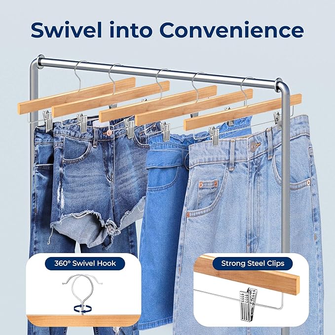 SereneLife 20 Pack Skirt and Pant Hanger with Adjustable Non-Slip Steel Clips, Premium Wooden, 360° Swivel Hook & 10 lb Capacity – Space-Saving Heavy-Duty Hangers for Jeans, Shorts & Slacks (Natural)