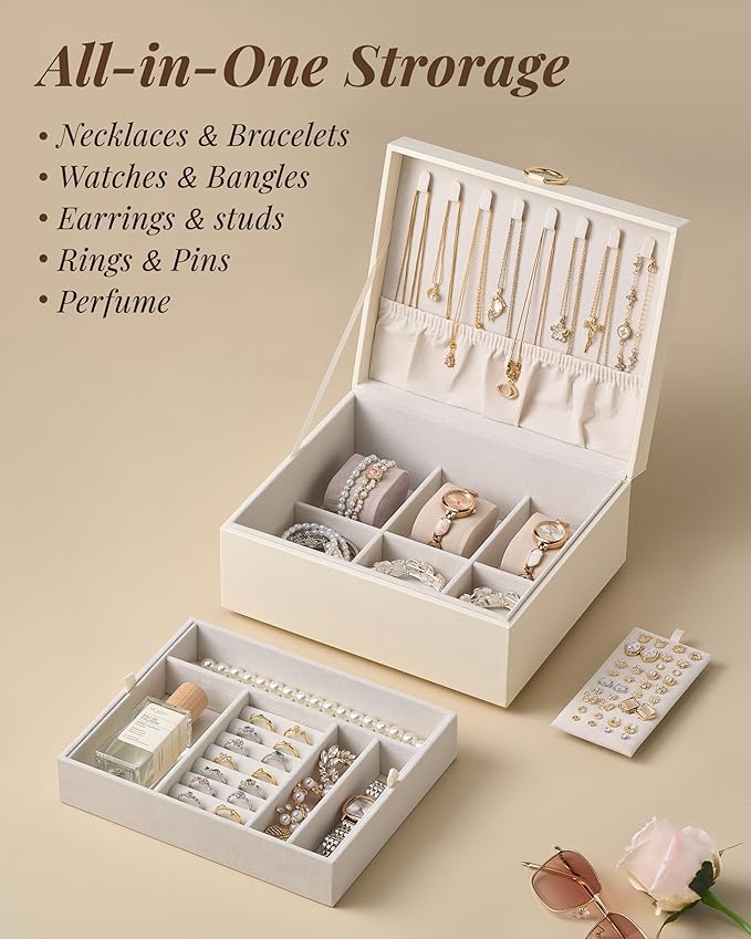 pickpiff 2 Layer Jewelry Box Organizer for Women, Jewelry Organizer with Handle & Removable Tray, Necklace Holder Ring Earring Storage, Velvet Lined Jewelry Case for Home or Travel, Gift Ready, Beige
