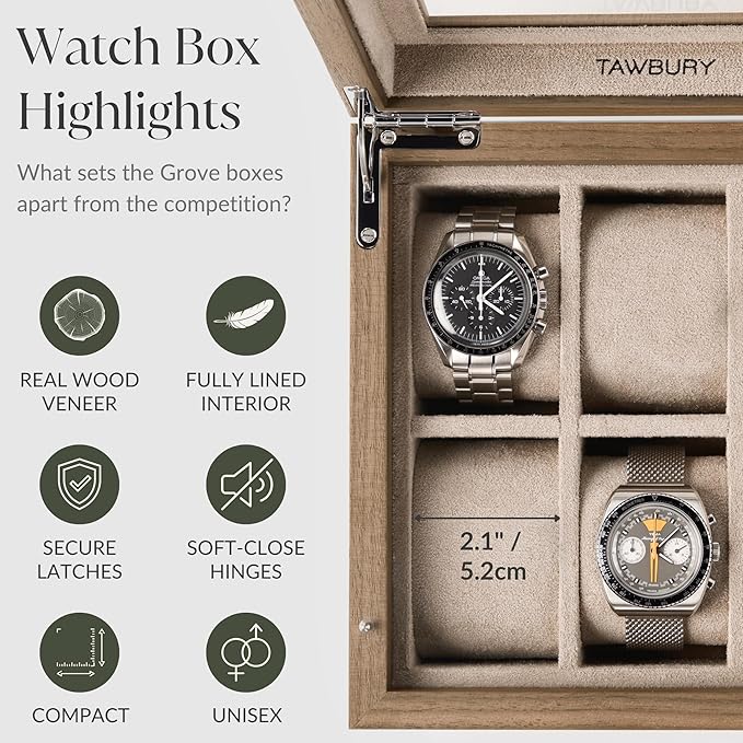TAWBURY Wooden Watch Case - 6 Slot Wood Watch Box for Men & Women with Glass Display, Protective Fully Lined Interior and 2-inch Wide Pillows for Large Watches (Light Walnut)