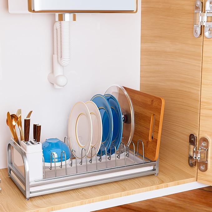 YEYPOP Dish Drying Rack for Small Kitchen Counter, 304 Stainless Steel Small Dish Rack w Utensil Holder & Tray for Limited Space, Rustproof Narrow Dish Rack for Pot & Pan, Plate, Lid (Silvery)