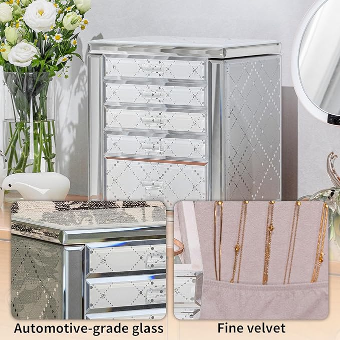 Glass Jewelry Box, 5-Layer Storage Case,Jewerly Boxes for Women Girls,Jewelry Gift Decorative Boxes, Art Painting Tabletop Organizer For Earring Necklace Watch Christmas Gifts