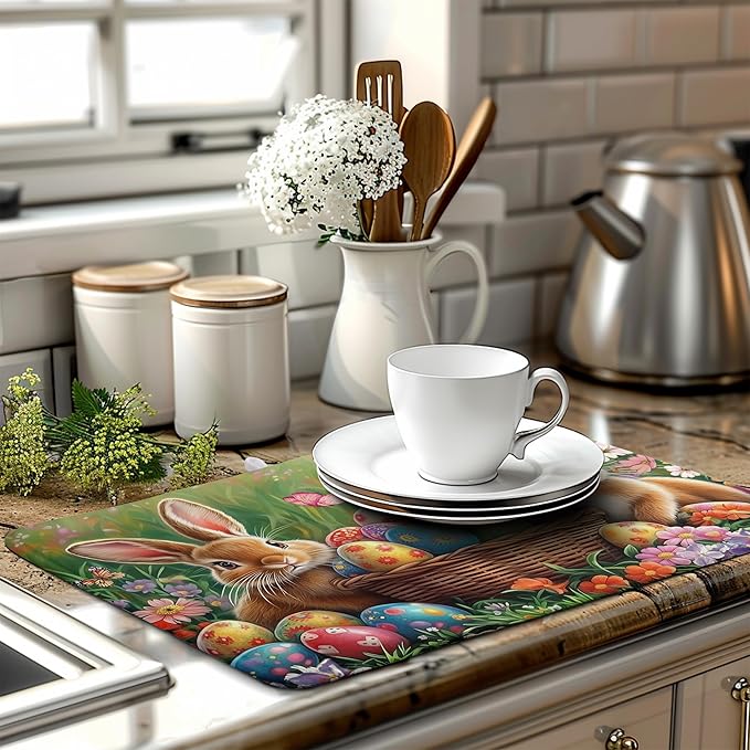 Wnoesat Easter Bunny Eggs Dish Drying Mat for Kitchen Counter 18x24 Inch Spring Easter Rabbit Flowers Large Drying Mat Microfiber Dish Drainer Rack Mats Absorbent Reversible Dishes Pad Dish Dryer Mat