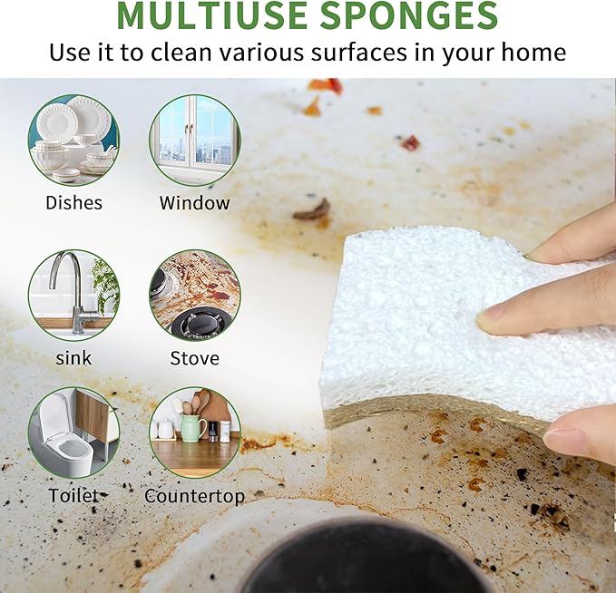 KICKLEEN 9 Pack Biodegradable Natural Kitchen Sponge - Compostable Cellulose and Coconut Walnut Scrubber Sponge - Eco Friendly Sustainable Sponges for Dishes