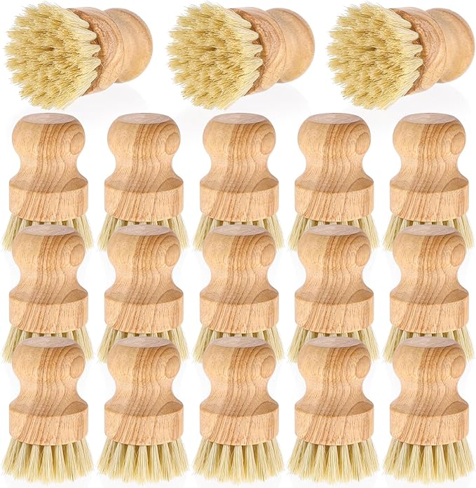 18 Packs Bamboo Dish Scrub Brushes Durable Wood Dishes Scrub Brush Wok Brush with Natural Sisal Bristles for Cleaning Pots, Pans, Sinks, Woks, Vegetables