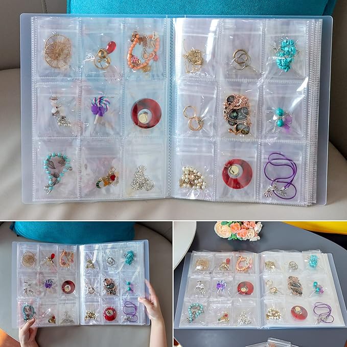 Designster Transparent Jewelry organizer book - Earring Organizer Storage Book Bag Anti-Oxidation, Jewelry Travel Organizer (288Slots+150pcsZipper Bags)