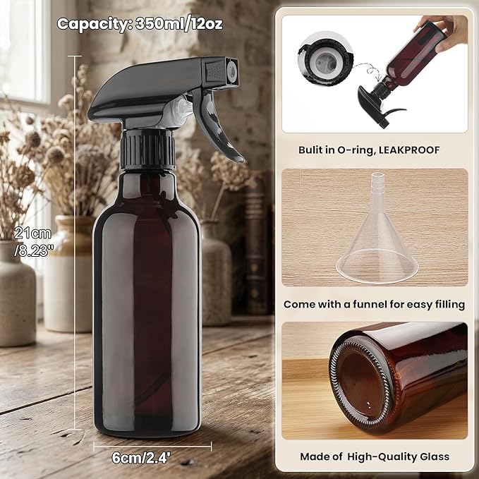 Hethyo Glass Spray Bottles 12oz Empty Spray Bottle Mist/Stream Spraying Small Refillable Containers for Hair Care, Cleaning Solutions, Plants, Essential Oils 2 Pack (Brown, 12oz)