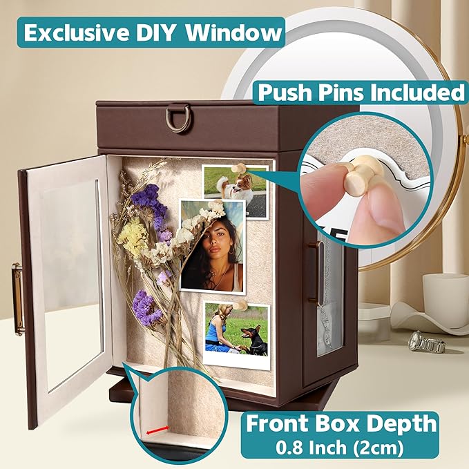 Kendal 360° Rotating Jewelry Box - Brown PU Leather Jewelry Organizer with Shadow Box & Pinboard, Detachable Top Tray, Drawers & Push Pins for Personalized Accessory Display & Storage