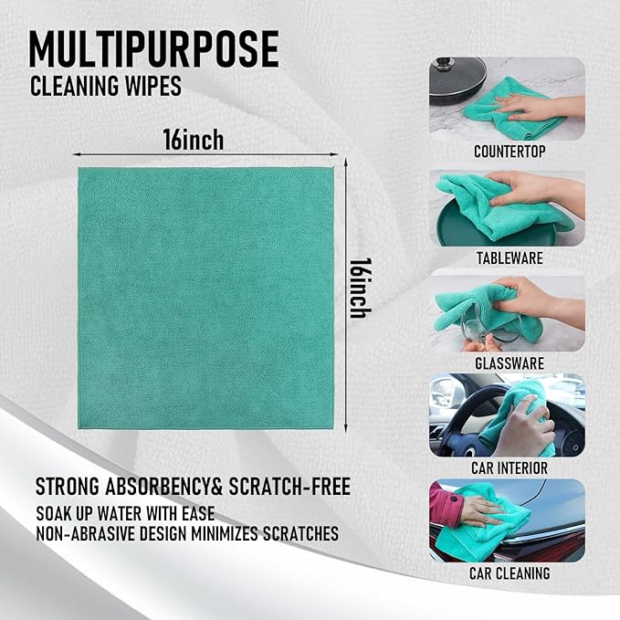Tricol Clean Microfiber Cleaning Cloth, 16in*16in, 12 Pack Ultra-Thick Cleaning Rags, Super Absorbent, Lint Free & Streak Free Cleaning Towels for Car, House, Kitchen, Office