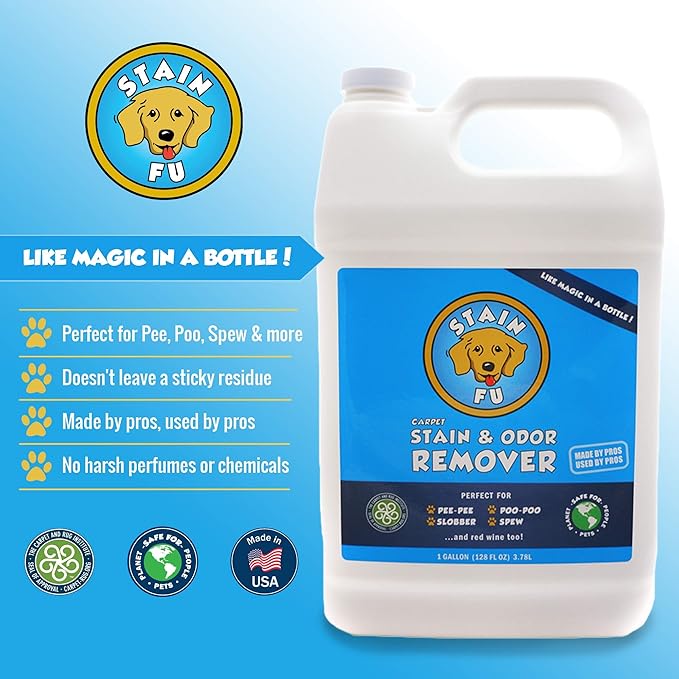 STAIN FU Pet Stain Odor Remover Professional Strength Powerful Eliminator for Tough Dog Cat Pet Urine Pee Poop Feces Vomit Slobber Drool Blood Wine Coffee Home Kennel Car RV Office (1 Gallon)