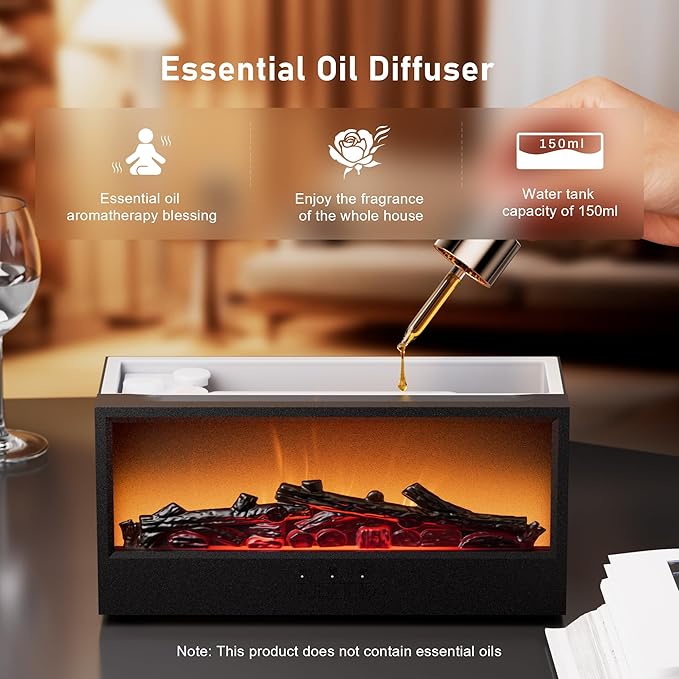 Fireplace Flame Air Diffuser Humidifier,7 Colors Aromatherapy Essential Oil Diffuser, Ultrasonic Aroma Humidifier with Remote Control & Timer for Bedroom, Home, Office, Yoga (Black)