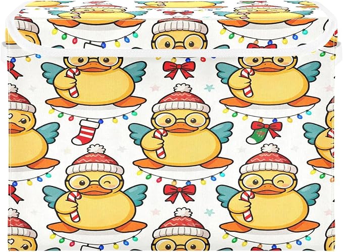 Christmas Duck Cute Pattern Storage Bins with Lids Foldable Storage Basket with Handles Collapsible Large Fabric Organizer Containers for Clothes Shelves Closet Office Home