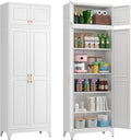 Metal Storage Cabinet, 90" White Pantry Cabinet with 4 Doors and 4 Adjustable Shelves, Tall Cabinets for Dinning Living Room and Dining Room