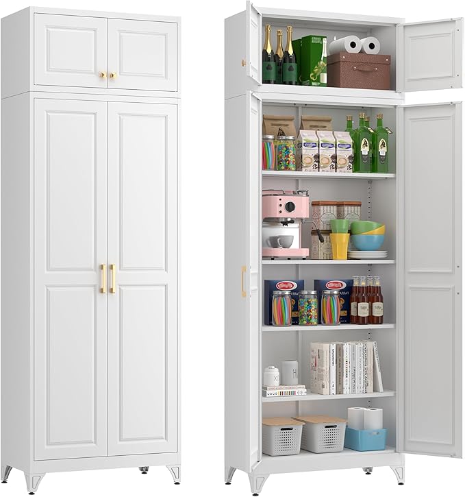 Metal Storage Cabinet, 90" White Pantry Cabinet with 4 Doors and 4 Adjustable Shelves, Tall Cabinets for Dinning Living Room and Dining Room